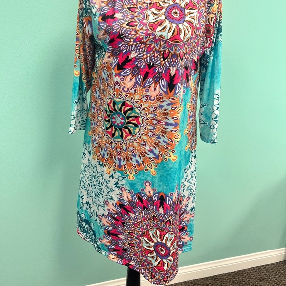 suvimuga green & peach medallion pocket 3/4 sleeves swing dress size L. - Picture 2 of 6